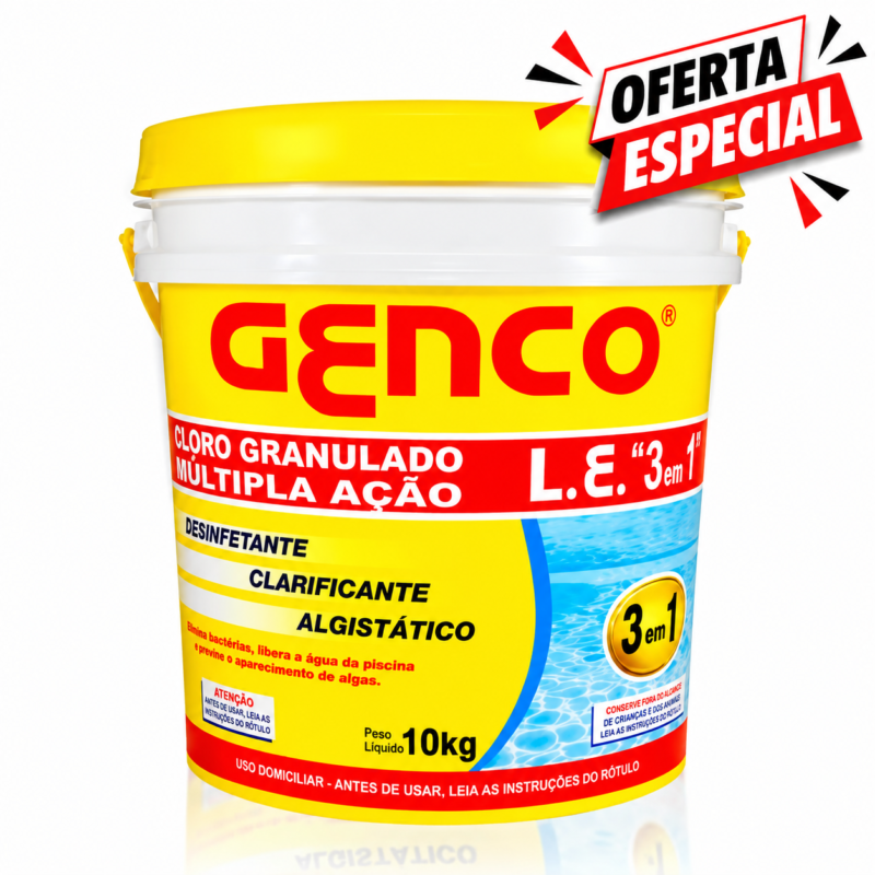 Cloro granulado Genco L.E 3 em 1 balde 10 kg.